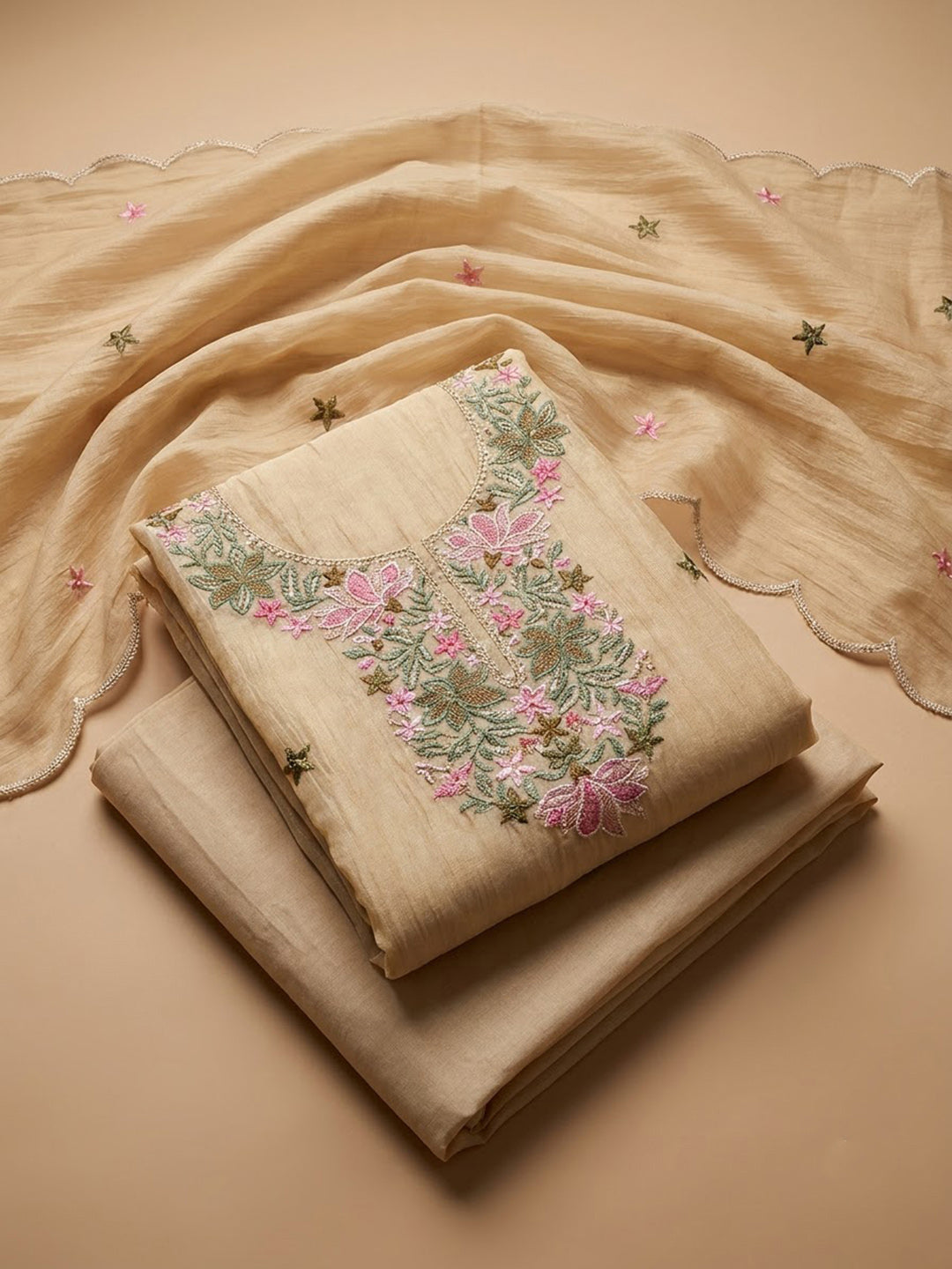 Beige Chanderi Embroidered Unstitched Dress Material