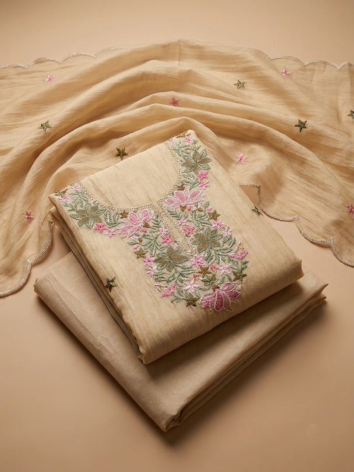 Beige Chanderi Embroidered Unstitched Dress Material