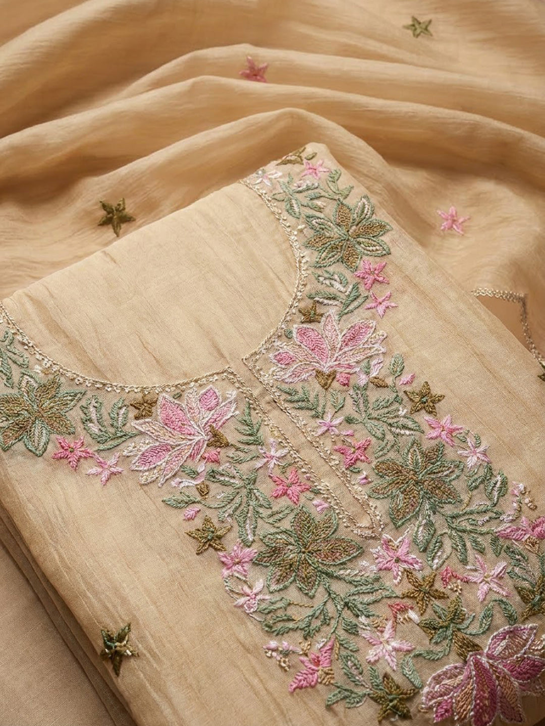 Beige Chanderi Embroidered Unstitched Dress Material