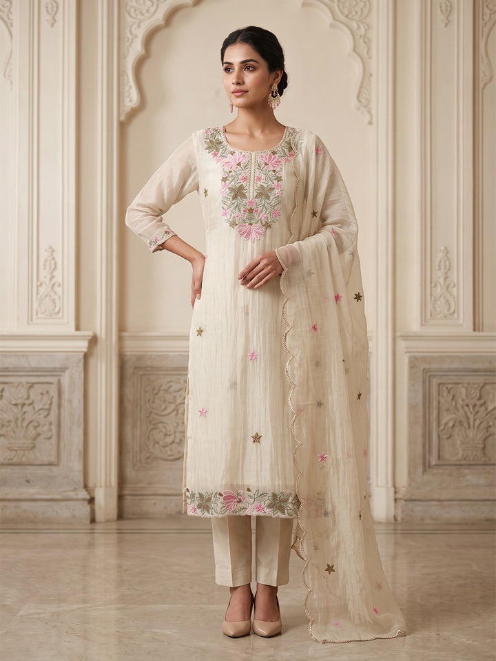 Off-White Chanderi Embroidered Unstitched Dress Material