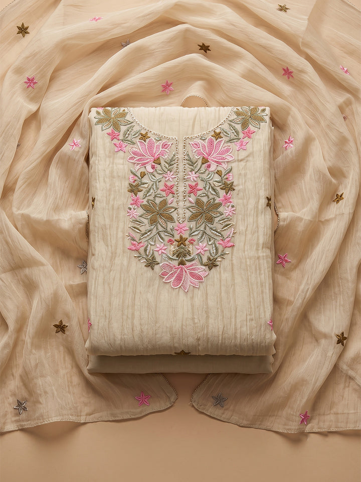 Off-White Chanderi Embroidered Unstitched Dress Material