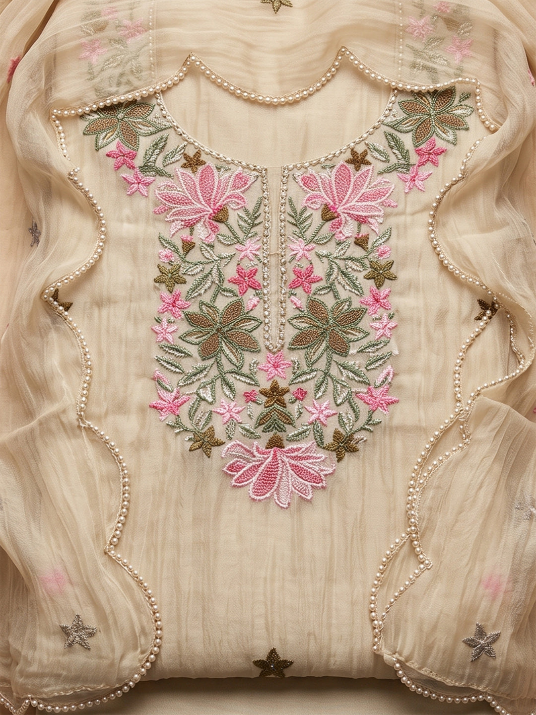 Off-White Chanderi Embroidered Unstitched Dress Material