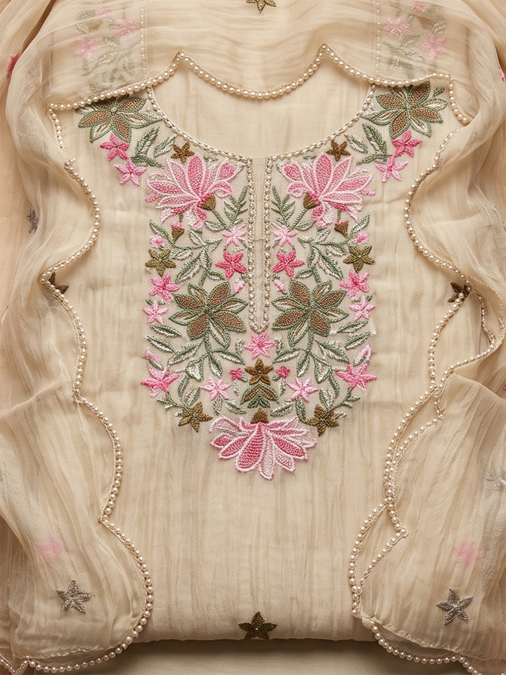 Off-White Chanderi Embroidered Unstitched Dress Material
