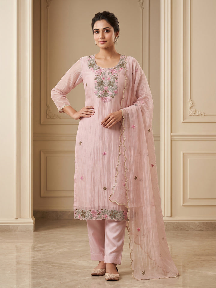 Onion-Pink Chanderi Embroidered Unstitched Dress Material