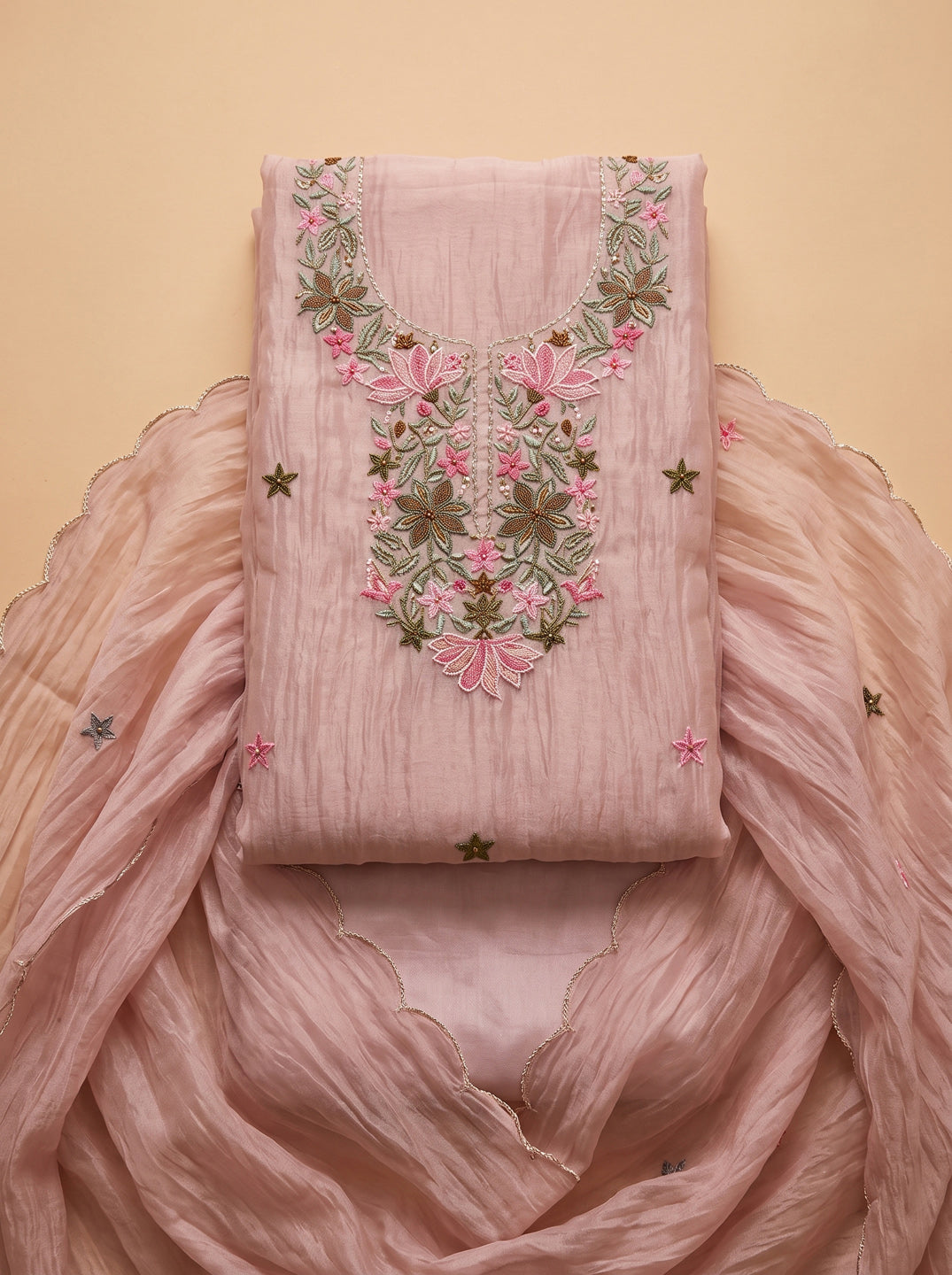 Onion-Pink Chanderi Embroidered Unstitched Dress Material