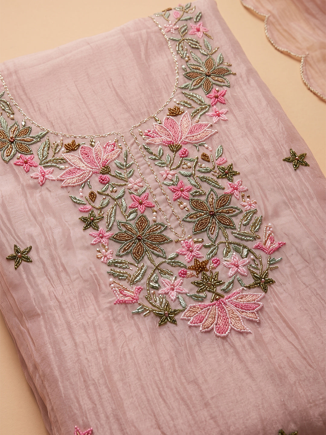 Onion-Pink Chanderi Embroidered Unstitched Dress Material
