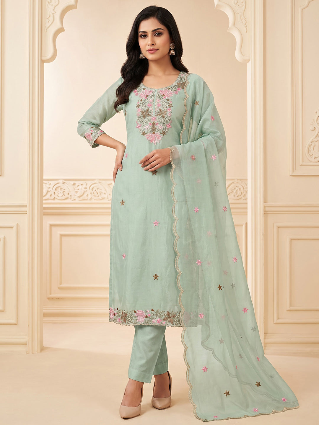 Sea-Green Chanderi Embroidered Unstitched Dress Material
