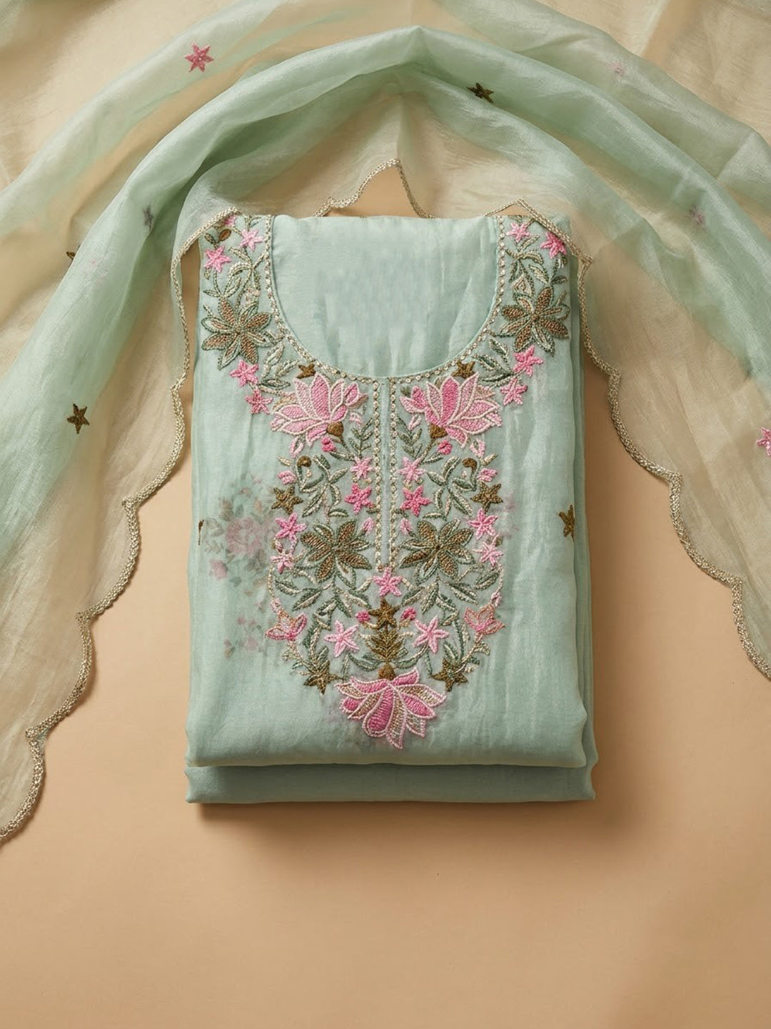 Sea-Green Chanderi Embroidered Unstitched Dress Material