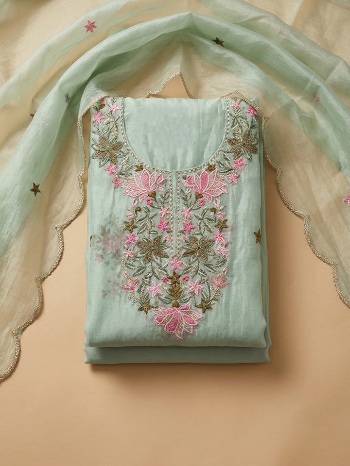 Sea-Green Chanderi Embroidered Unstitched Dress Material