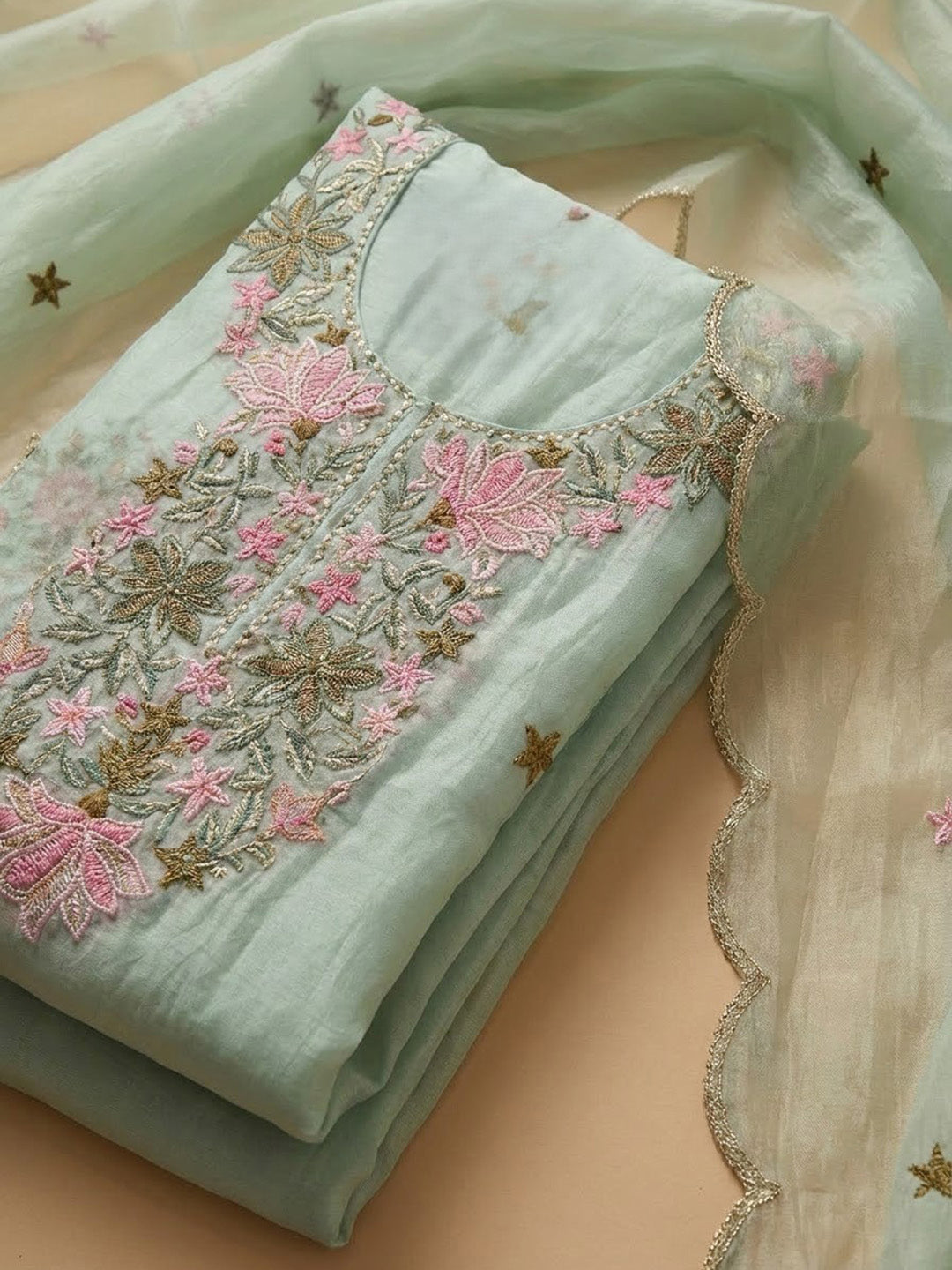 Sea-Green Chanderi Embroidered Unstitched Dress Material