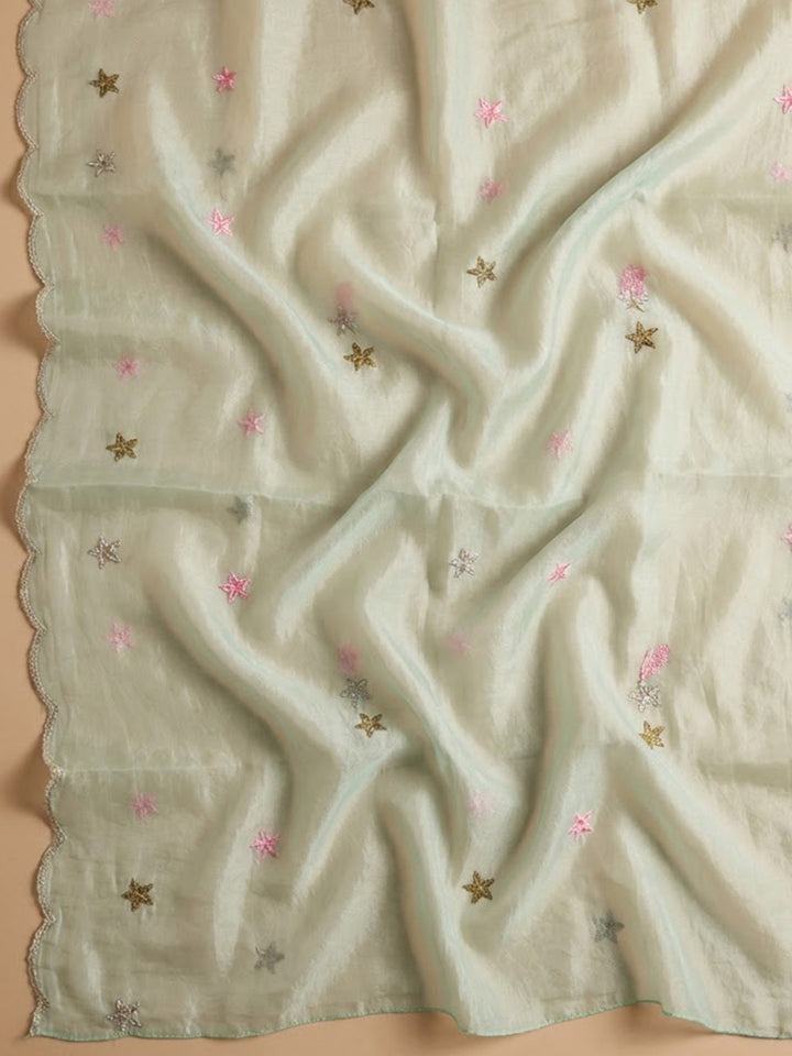 Sea-Green Chanderi Embroidered Unstitched Dress Material