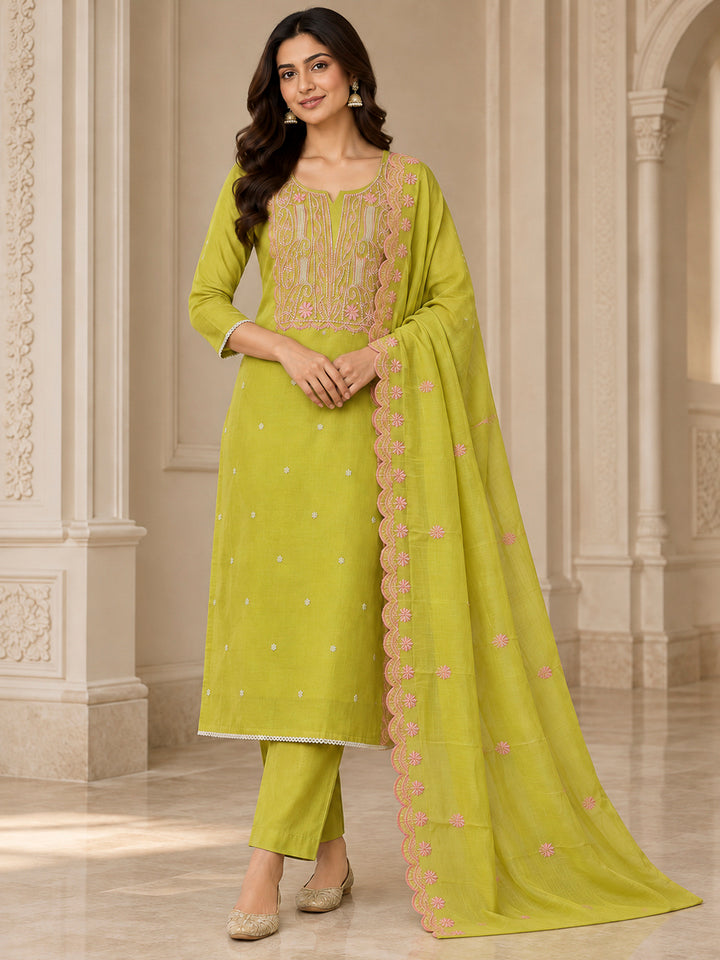 Lemon Chanderi Embroidered Unstitched Dress Material