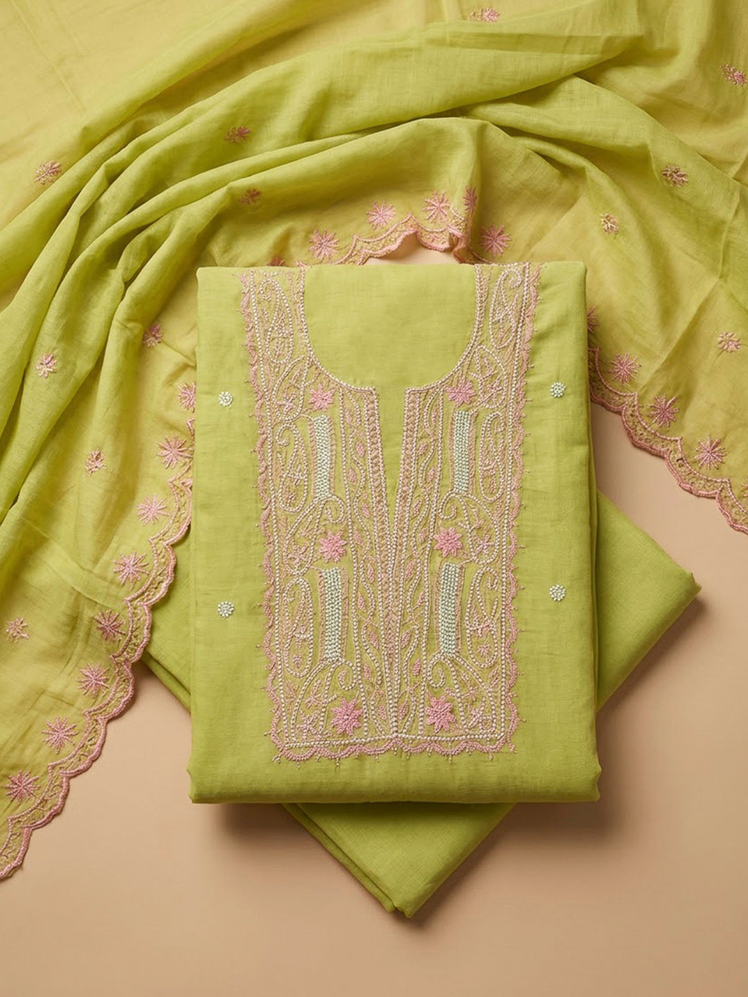 Lemon Chanderi Embroidered Unstitched Dress Material