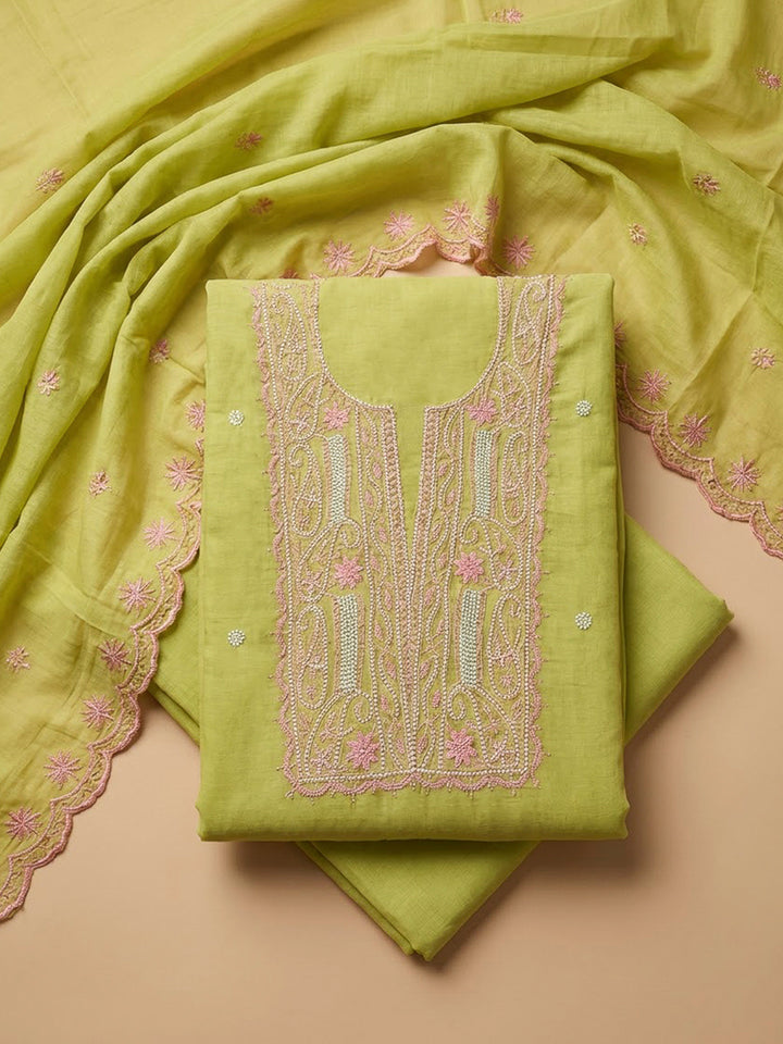 Lemon Chanderi Embroidered Unstitched Dress Material