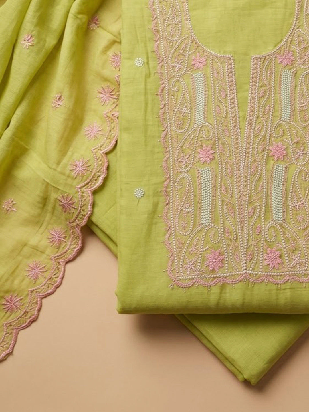 Lemon Chanderi Embroidered Unstitched Dress Material