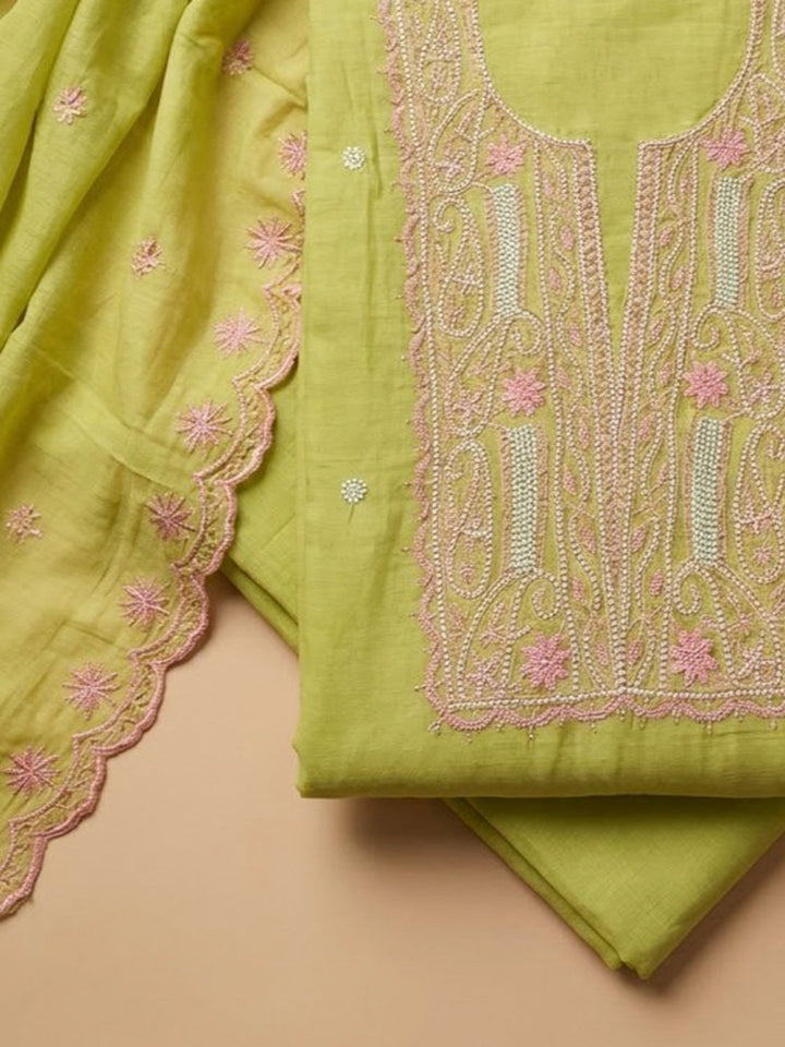 Lemon Chanderi Embroidered Unstitched Dress Material