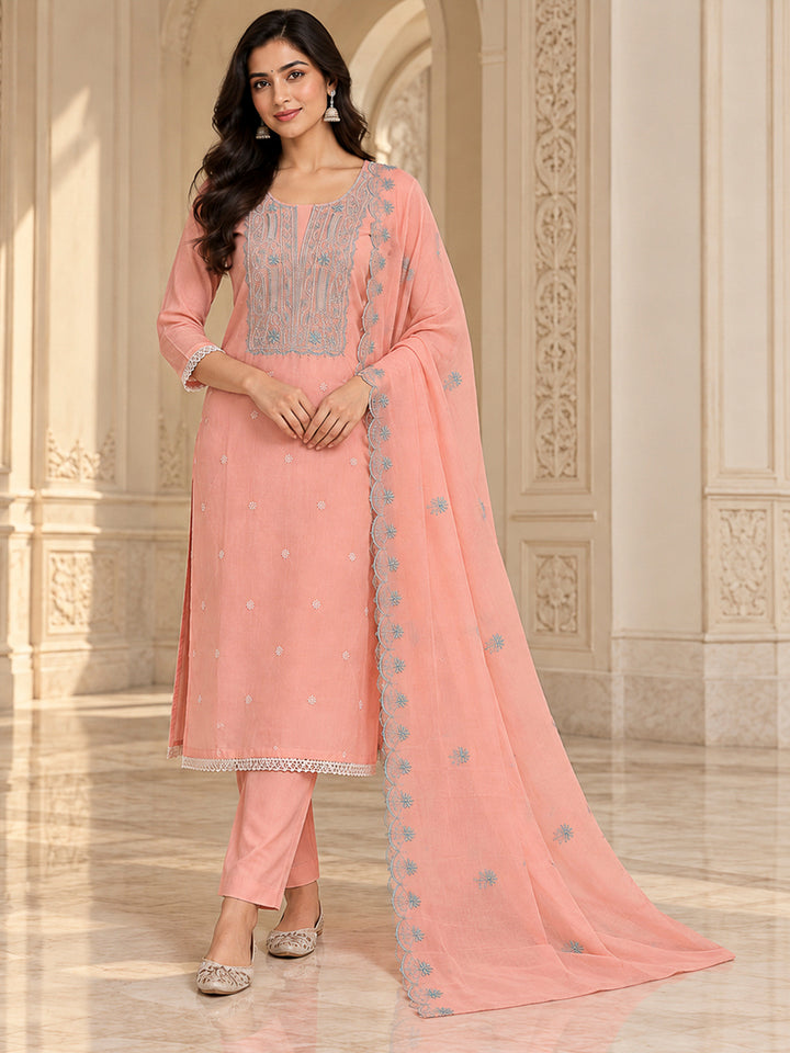 Peach Chanderi Embroidered Unstitched Dress Material