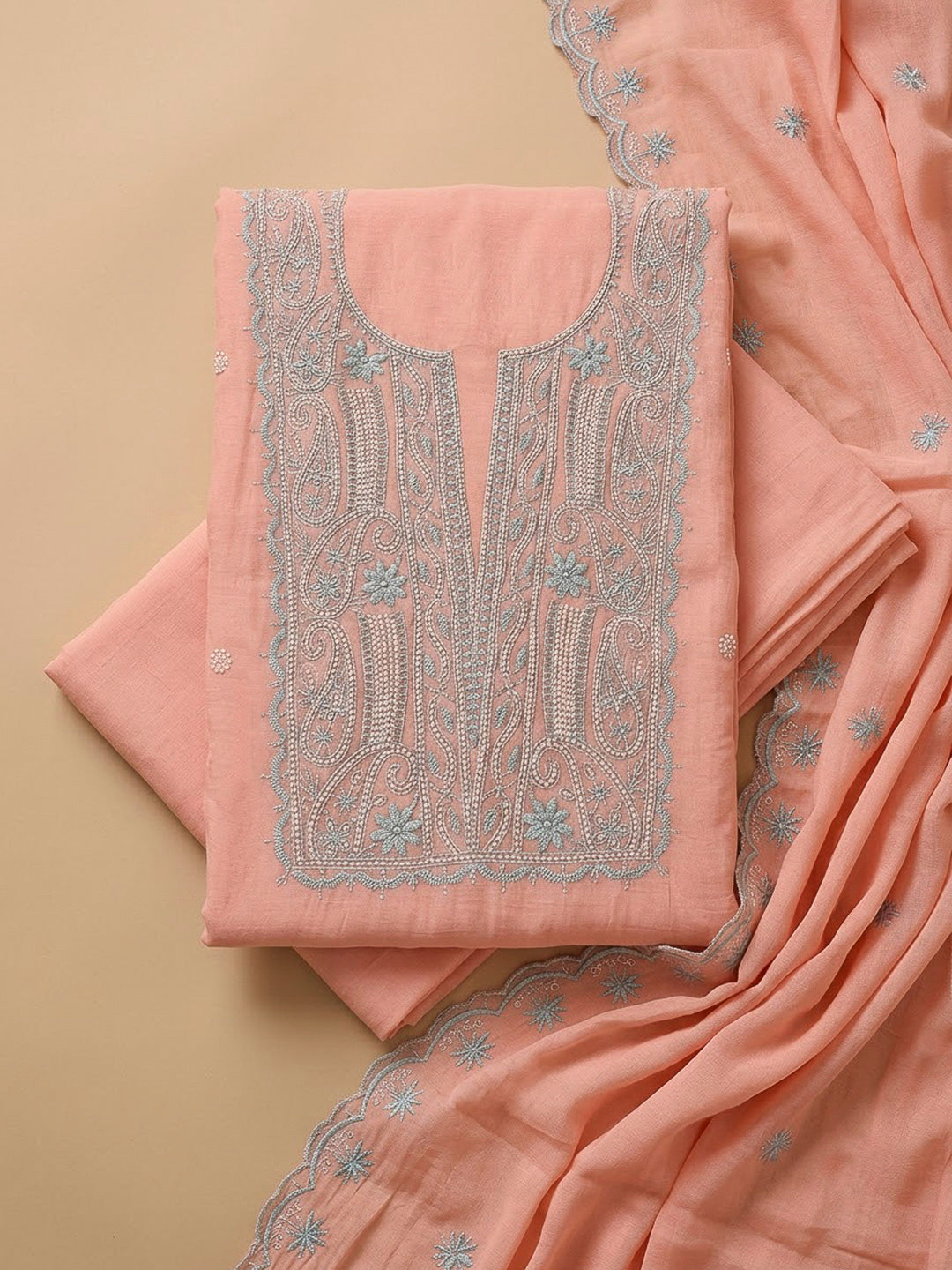 Peach Chanderi Embroidered Unstitched Dress Material