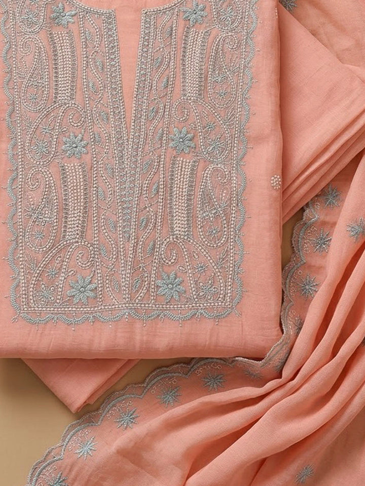Peach Chanderi Embroidered Unstitched Dress Material