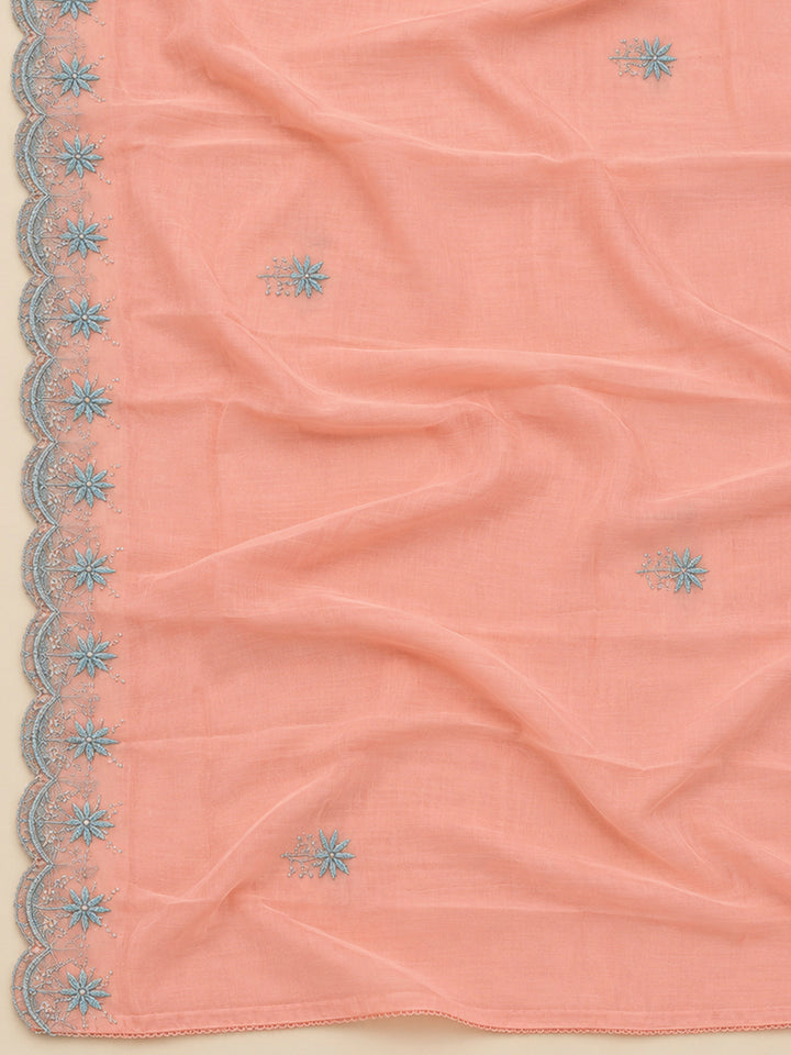 Peach Chanderi Embroidered Unstitched Dress Material