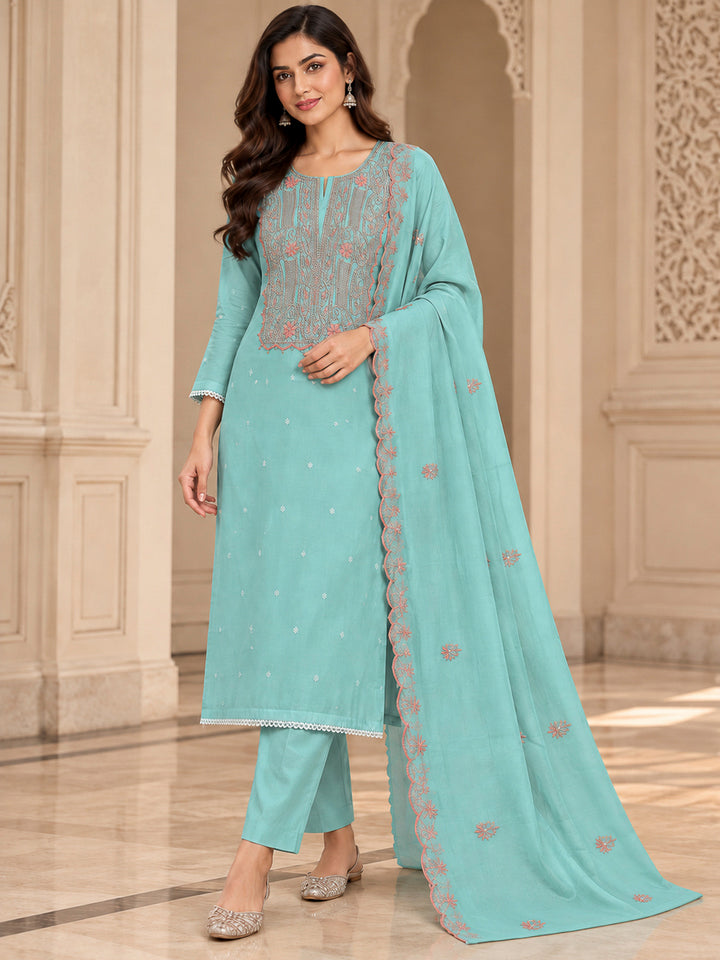 Sea Green Chanderi Embroidered Unstitched Dress Material