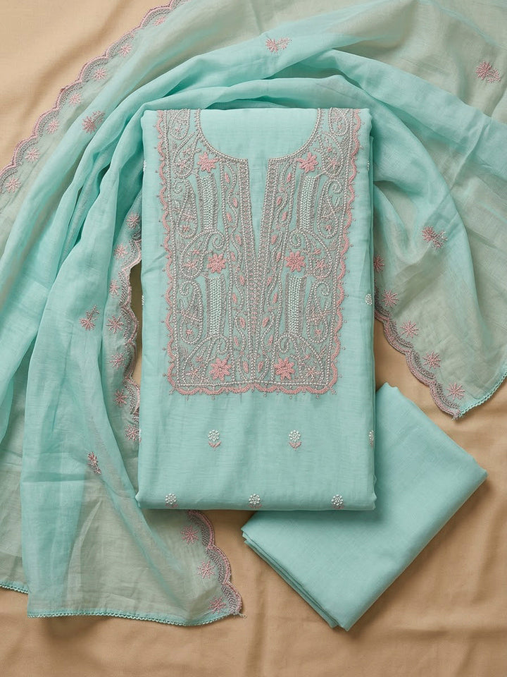 Sea Green Chanderi Embroidered Unstitched Dress Material
