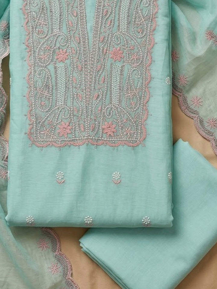 Sea Green Chanderi Embroidered Unstitched Dress Material