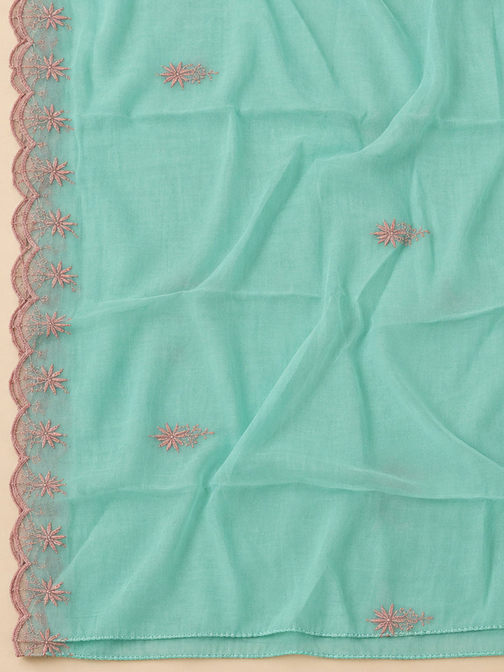 Sea Green Chanderi Embroidered Unstitched Dress Material