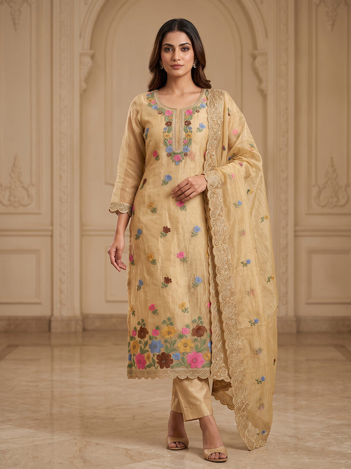 Beige Organza Embroidered Unstitched Dress Material
