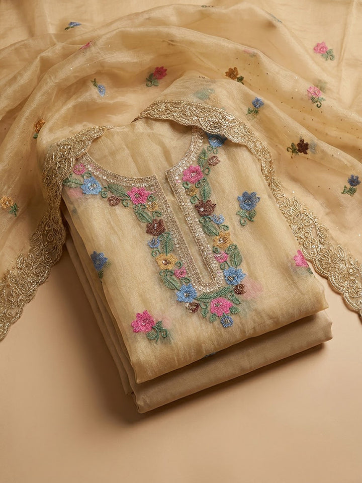 Beige Organza Embroidered Unstitched Dress Material