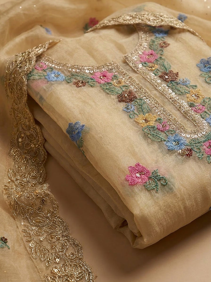 Beige Organza Embroidered Unstitched Dress Material
