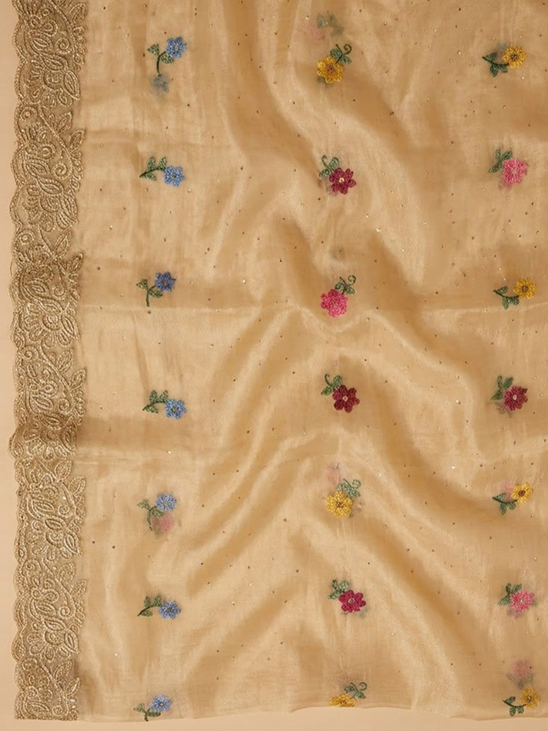 Beige Organza Embroidered Unstitched Dress Material