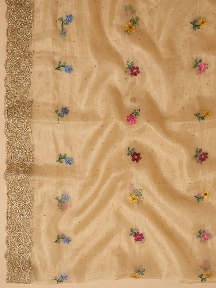 Beige Organza Embroidered Unstitched Dress Material