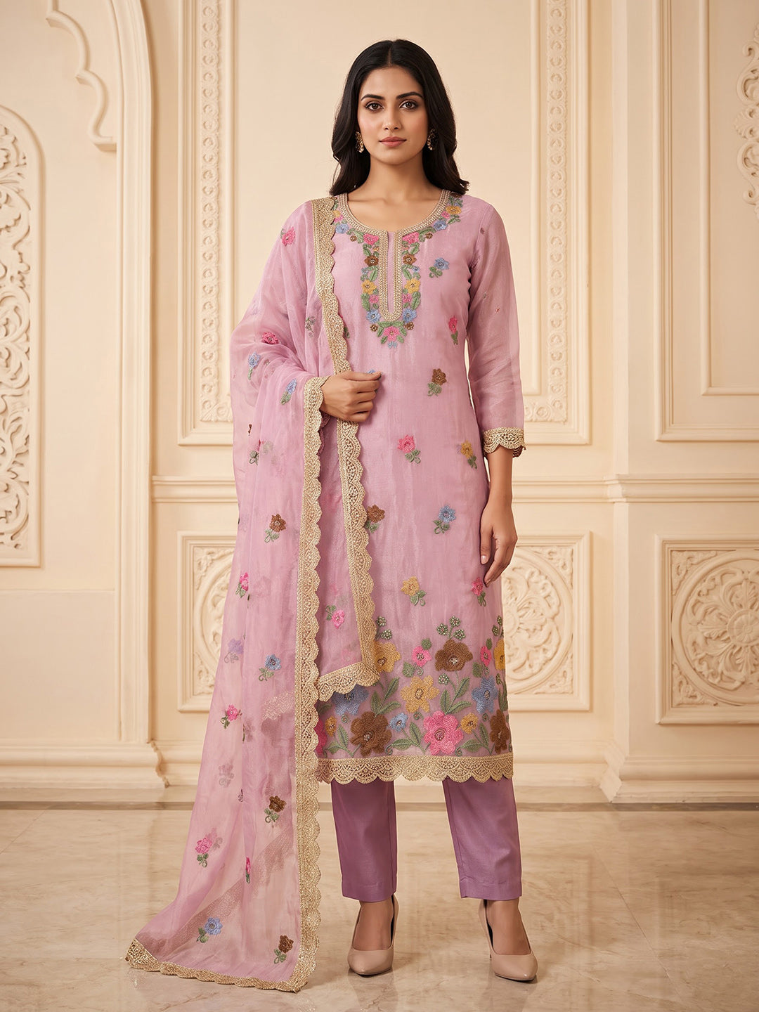 Onion-Pink Organza Embroidered Unstitched Dress Material