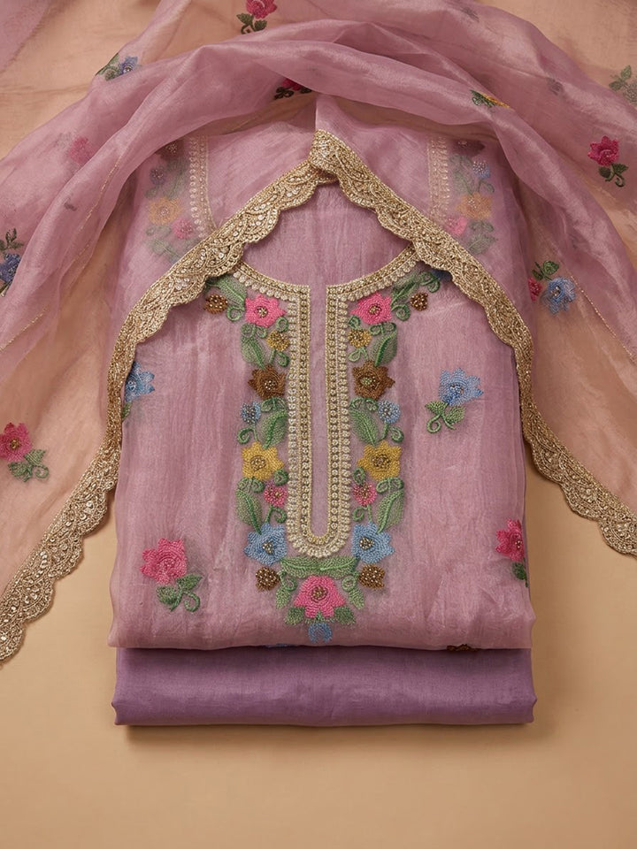 Onion-Pink Organza Embroidered Unstitched Dress Material