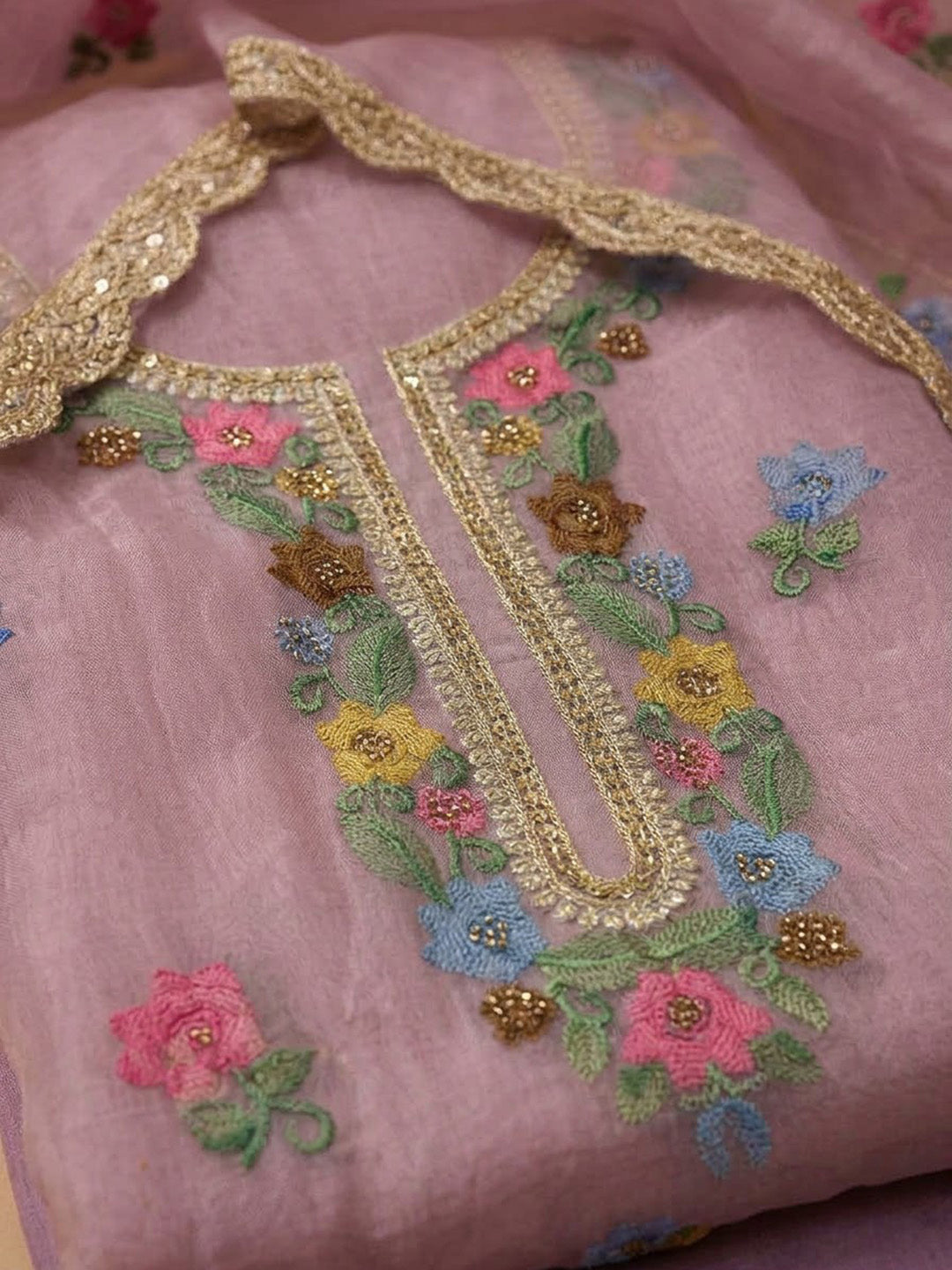 Onion-Pink Organza Embroidered Unstitched Dress Material