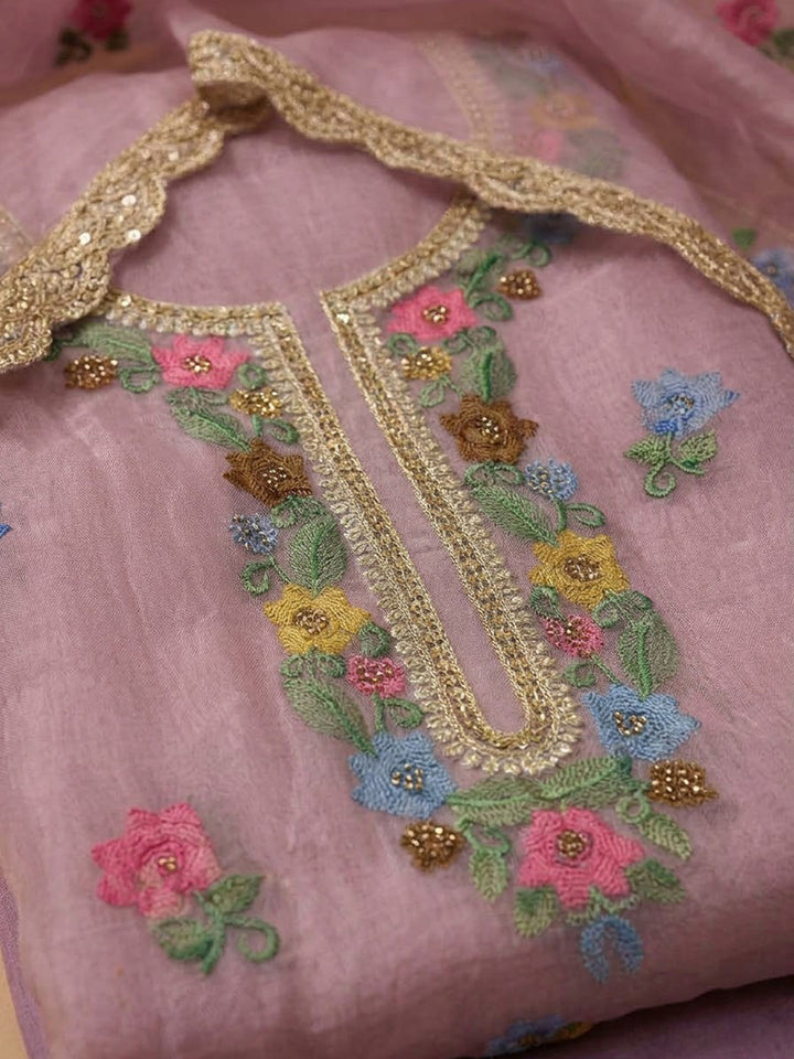 Onion-Pink Organza Embroidered Unstitched Dress Material