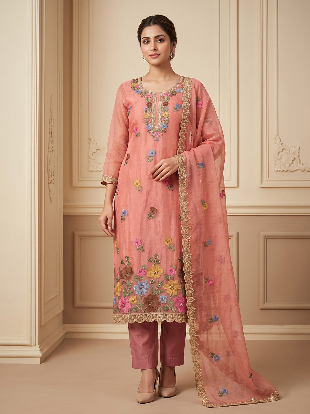Peach Organza Embroidered Unstitched Dress Material