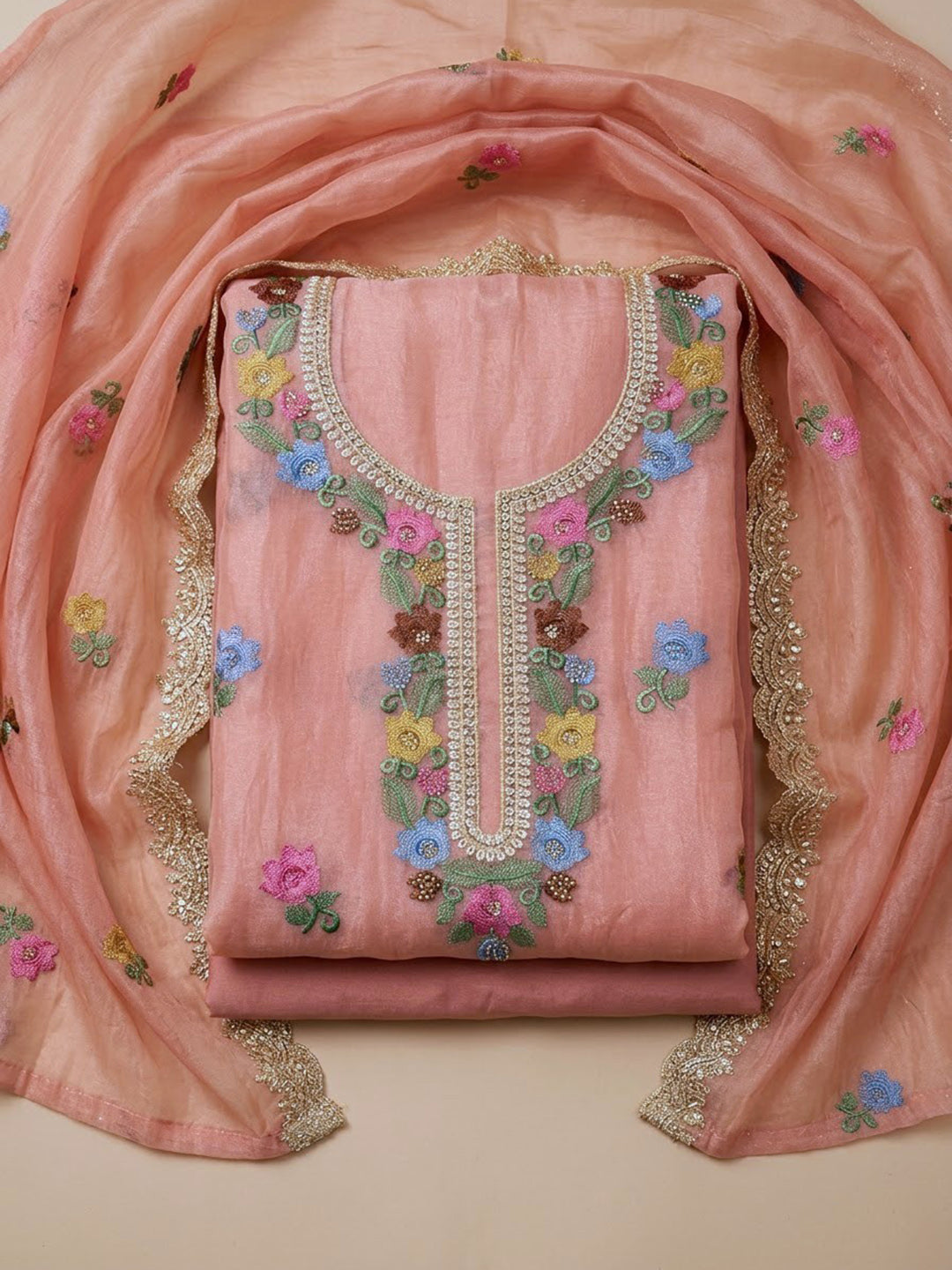Peach Organza Embroidered Unstitched Dress Material