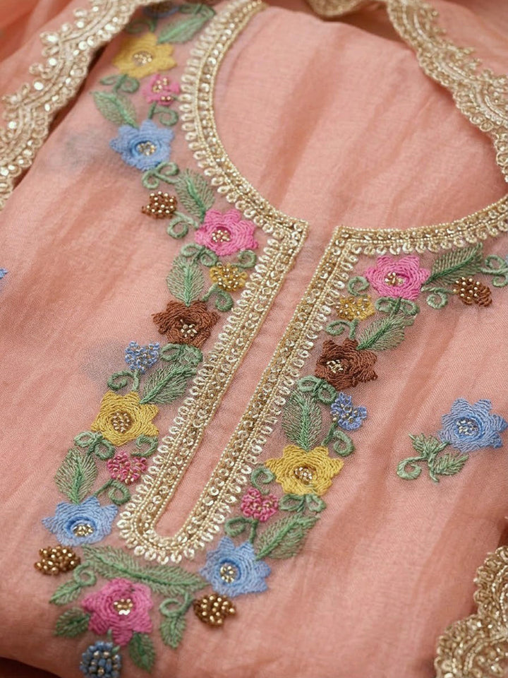 Peach Organza Embroidered Unstitched Dress Material