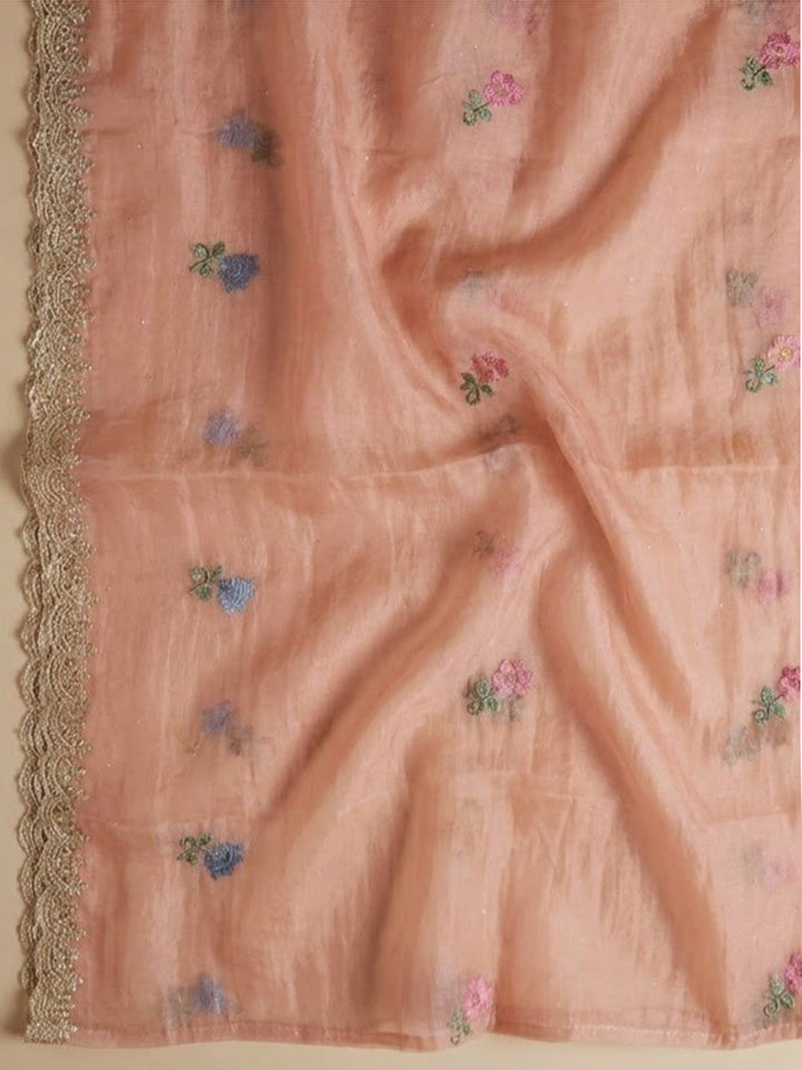 Peach Organza Embroidered Unstitched Dress Material