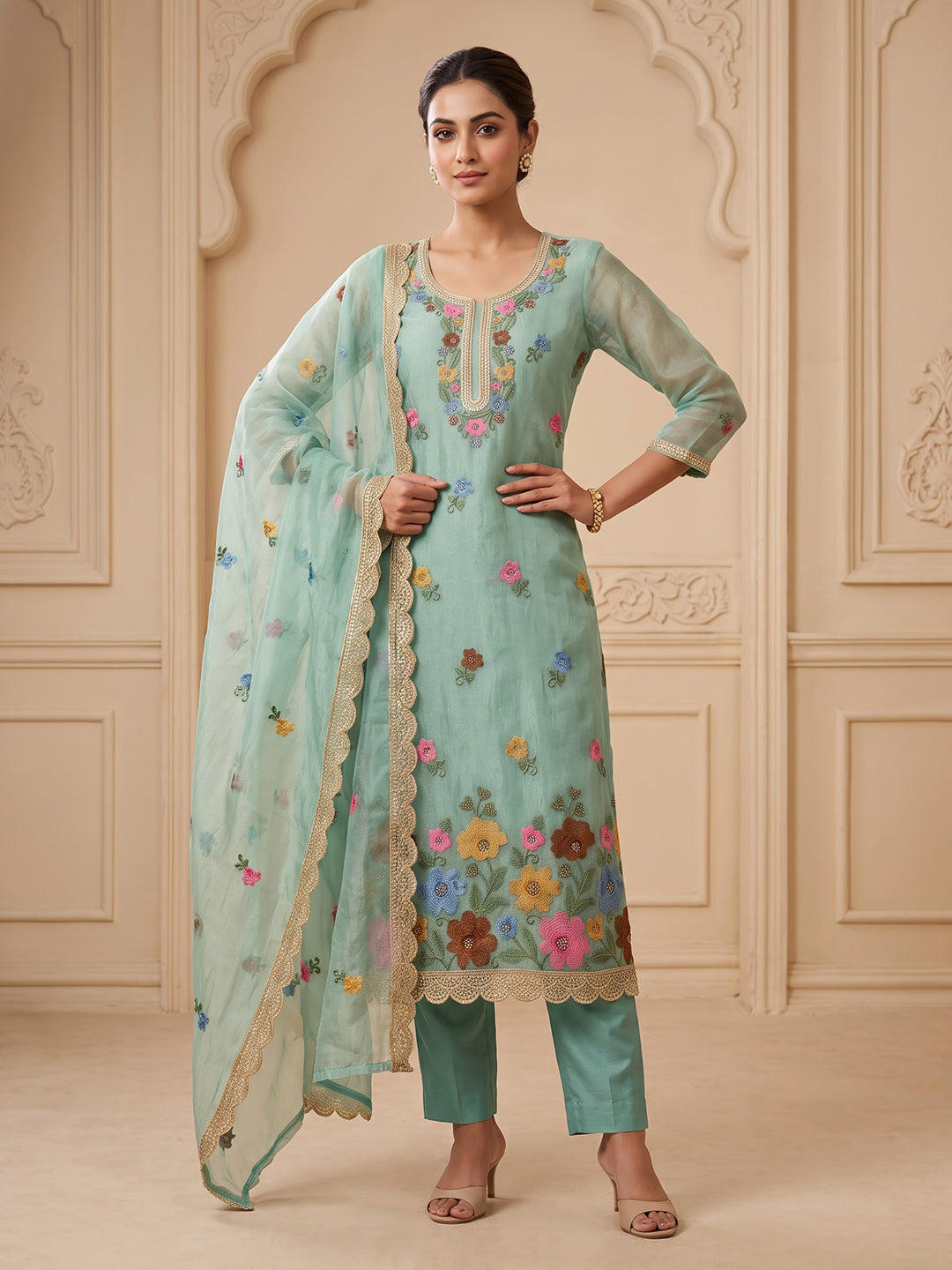 Sea-Green Organza Embroidered Unstitched Dress Material