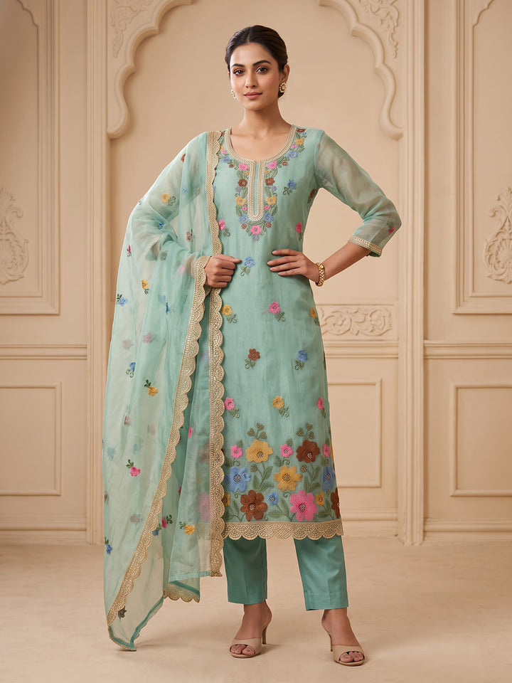 Sea-Green Organza Embroidered Unstitched Dress Material