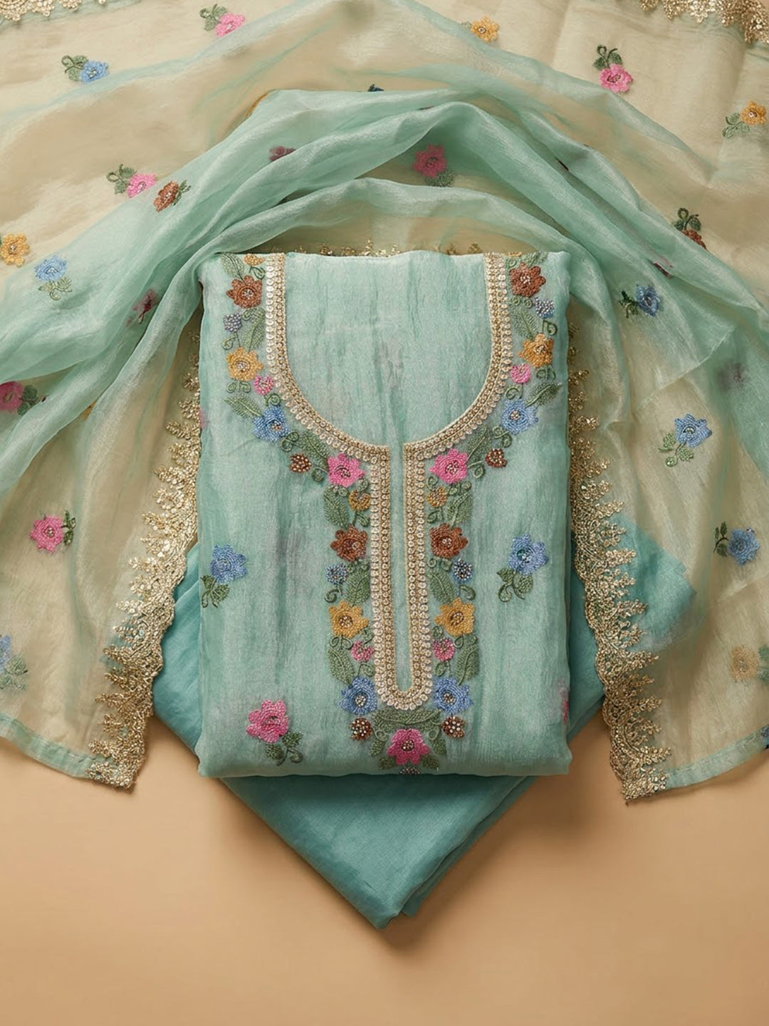 Sea-Green Organza Embroidered Unstitched Dress Material