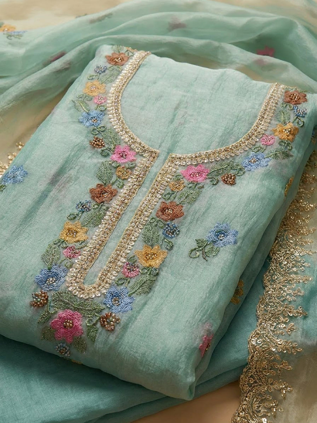 Sea-Green Organza Embroidered Unstitched Dress Material