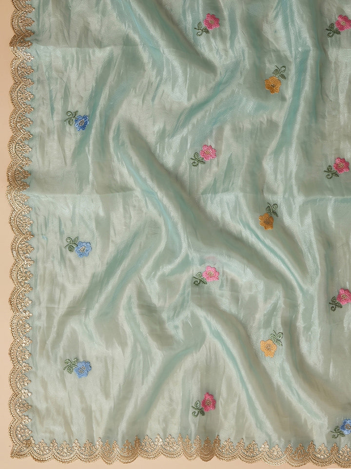 Sea-Green Organza Embroidered Unstitched Dress Material