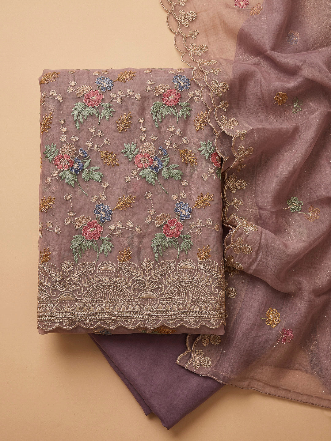 Lavender Organza Embroidered Unstitched Dress Material