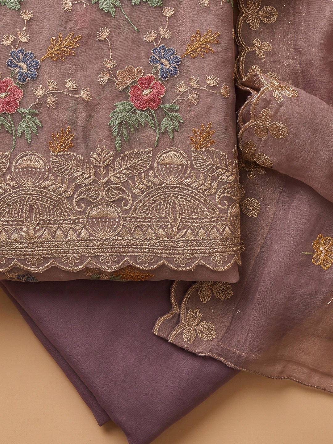 Lavender Organza Embroidered Unstitched Dress Material