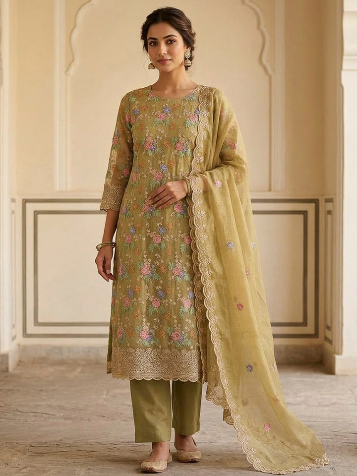 Mehndi Organza Embroidered Unstitched Dress Material