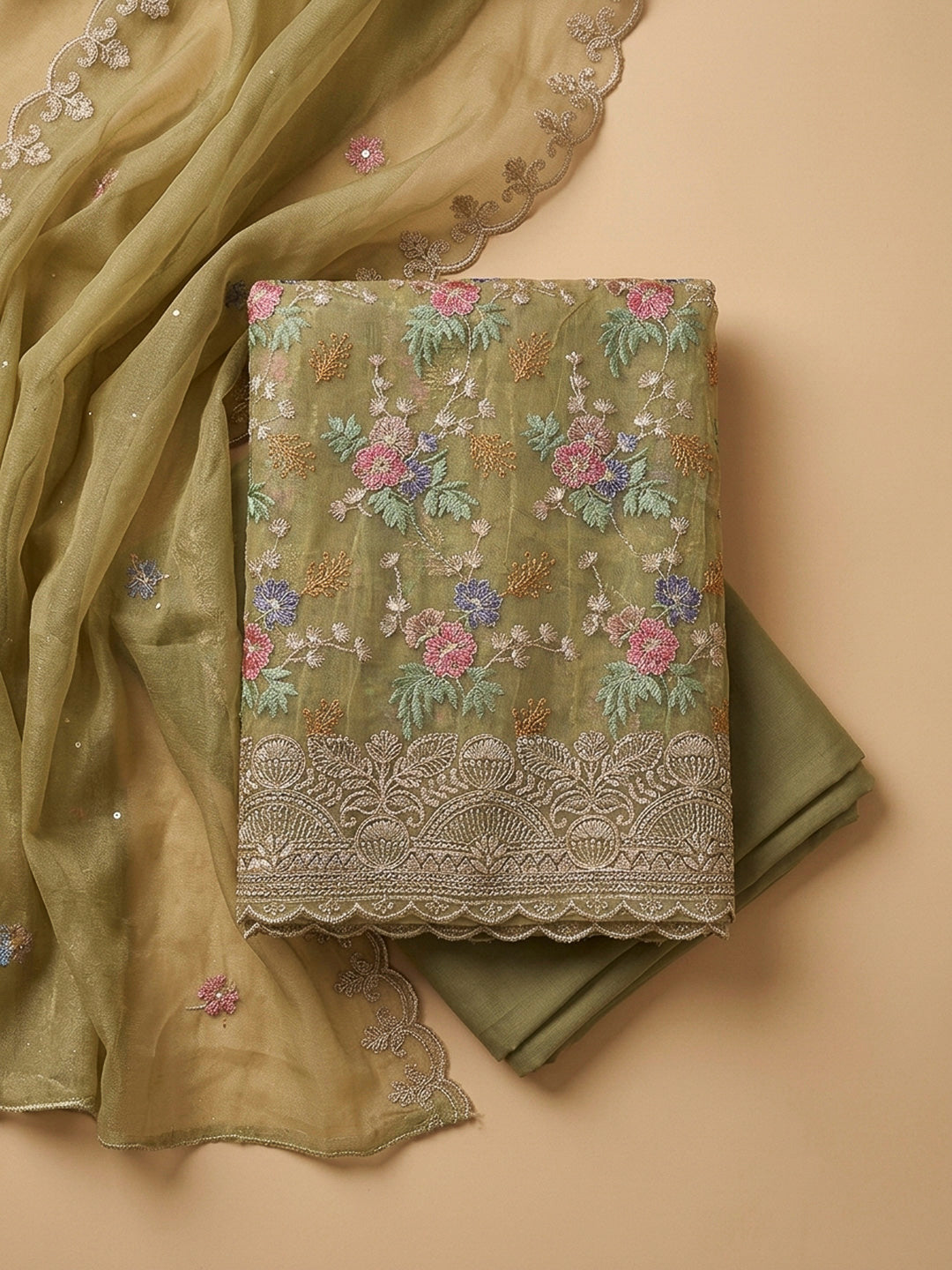 Mehndi Organza Embroidered Unstitched Dress Material